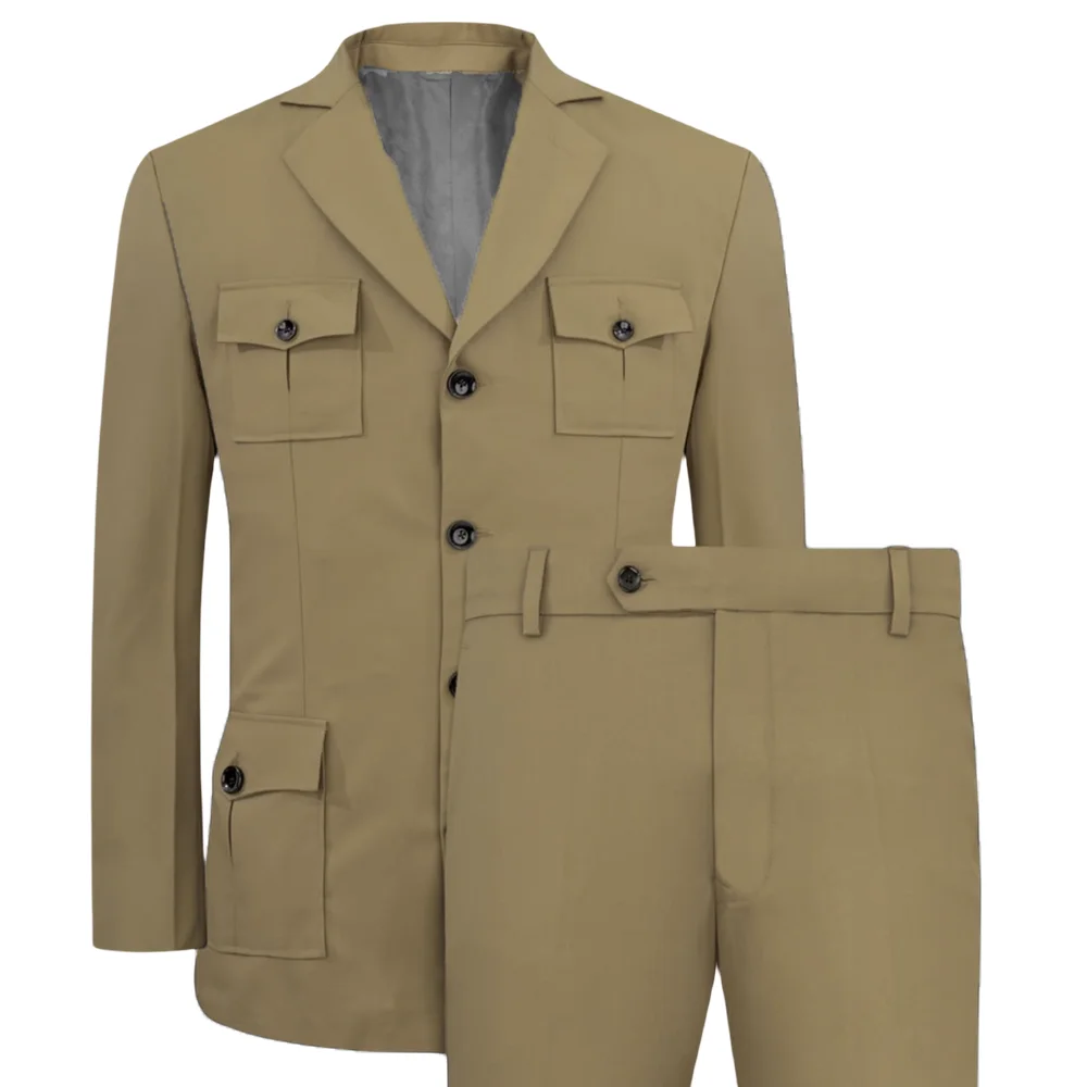 Khaki Formal Wear Men - メンズスーツ Jakcet カジュアルカーキ 2 ピースブレザーパンツクラシックフィットブレザーリアルポケットスーツ男性の日常着男性服セット