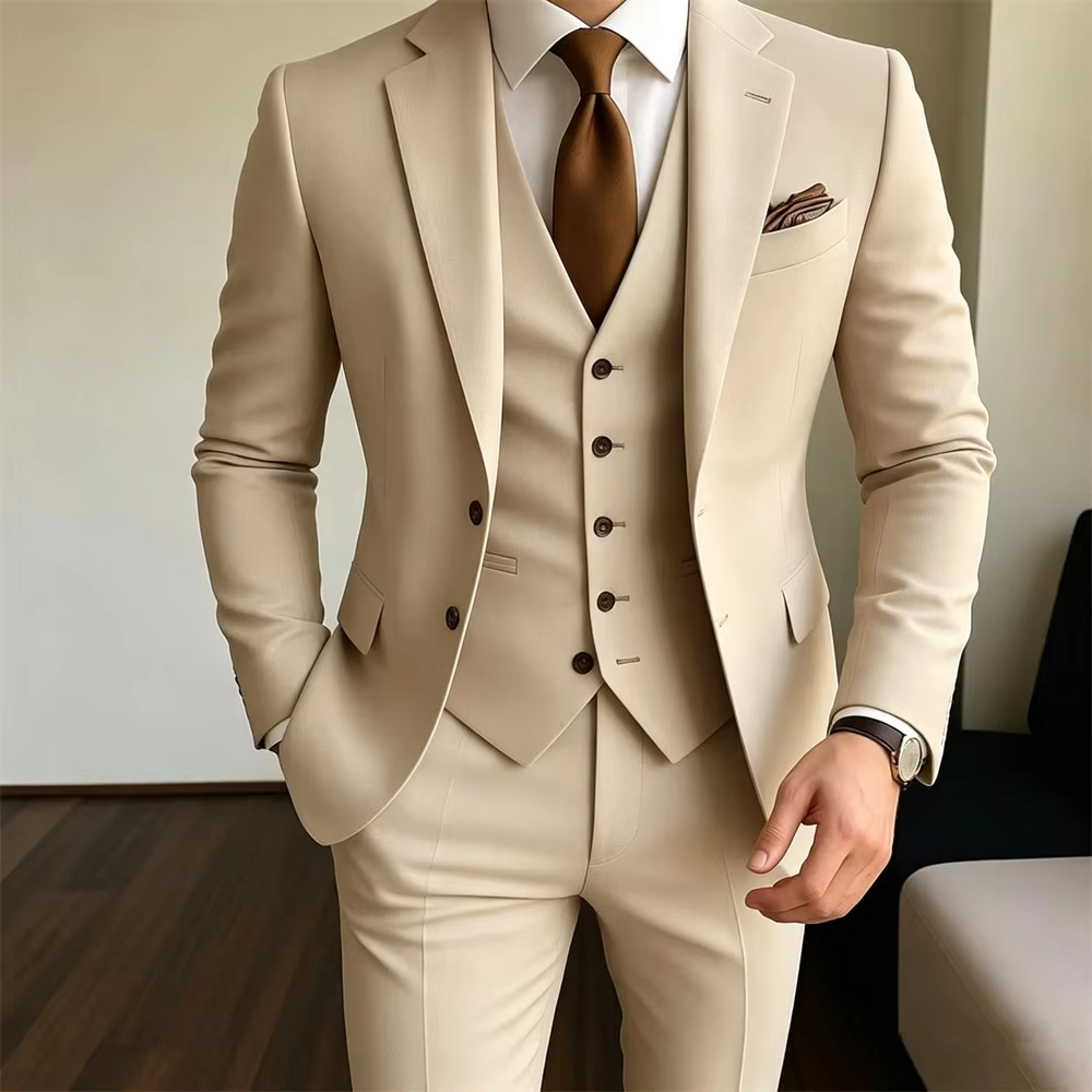 Khaki Formal Wear Men - カーキメンズスーツ 3 ピース ジャケット + ベスト