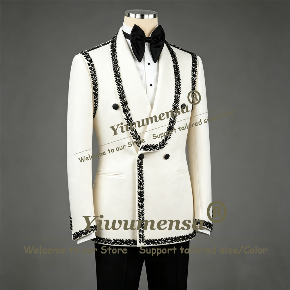 Men'S Formal Wear Jewelry - エレガントなメンズスーツ ブラックメタリックジュエリーストーン装飾 ジャケット パンツ 2ピースセット 新郎フォーマルウェア
