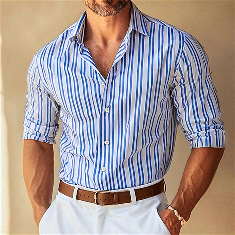 Large Men Formal Wear - 10色展開 メンズフォーマル ラペルボタンダウン ストライプカラー 長袖シャツ ブラック