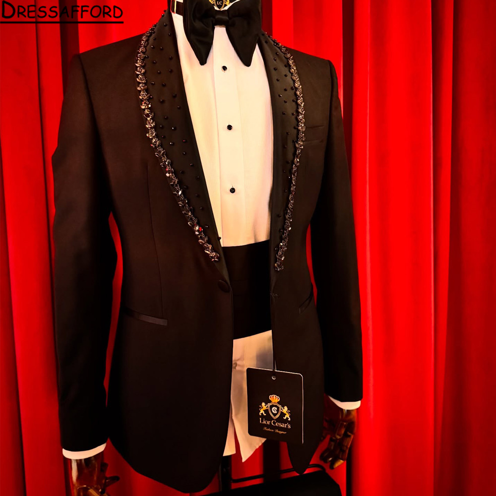 Men'S Formal Wear Jewelry - 高級新郎結婚式スーツクリスタルジュエリービーズプロムブレザーカスタマイズされた男性フォーマルパーティータキシード 2 ピースセット terno masculino