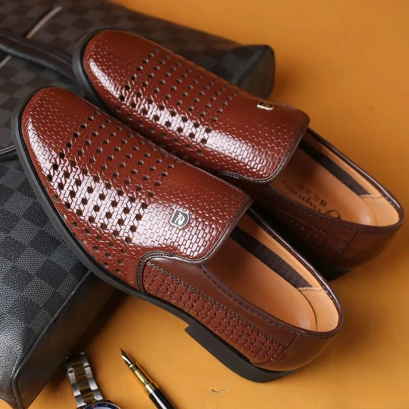 Formal Men Office Wear Sandals - 夏の新革靴メンズビジネス中空穴ソフト底メンズサンダルフォーマルウェア通気性オフィスドレスシューズ男性用