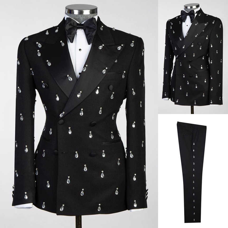 Large Men Formal Wear - ダブルブレストのスリムフィットのメンズスーツ,大きなクリスタルの新郎新婦,結婚式のタキシード,フォーマルな黒の宴会服,2個