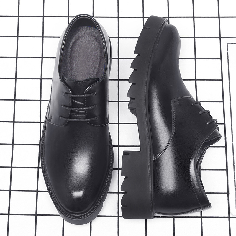 Men Formal Wear Office - メンズブラックレザーレースアップドレスシューズ、厚底プラットフォームブロックヒール、フォーマルビジネスオフィスワークデイリーウェアシューズ