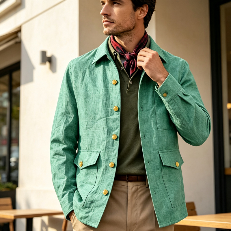Men Formal Wear Office - ヴィンテージメンズリネンジャケット、ラペルカラー、ゴールドボタン、カジュアルスリムフィットコート、軽量で通気性があり、フォーマル、デイリー、オフィスウェアに最適
