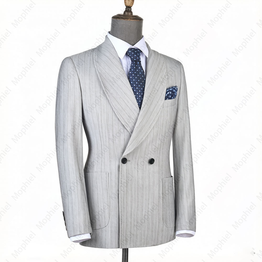 モフィエル ライトグレー メンズスーツ ストライプ ダブルブ - Men Formal Wear Office のレビューと価格