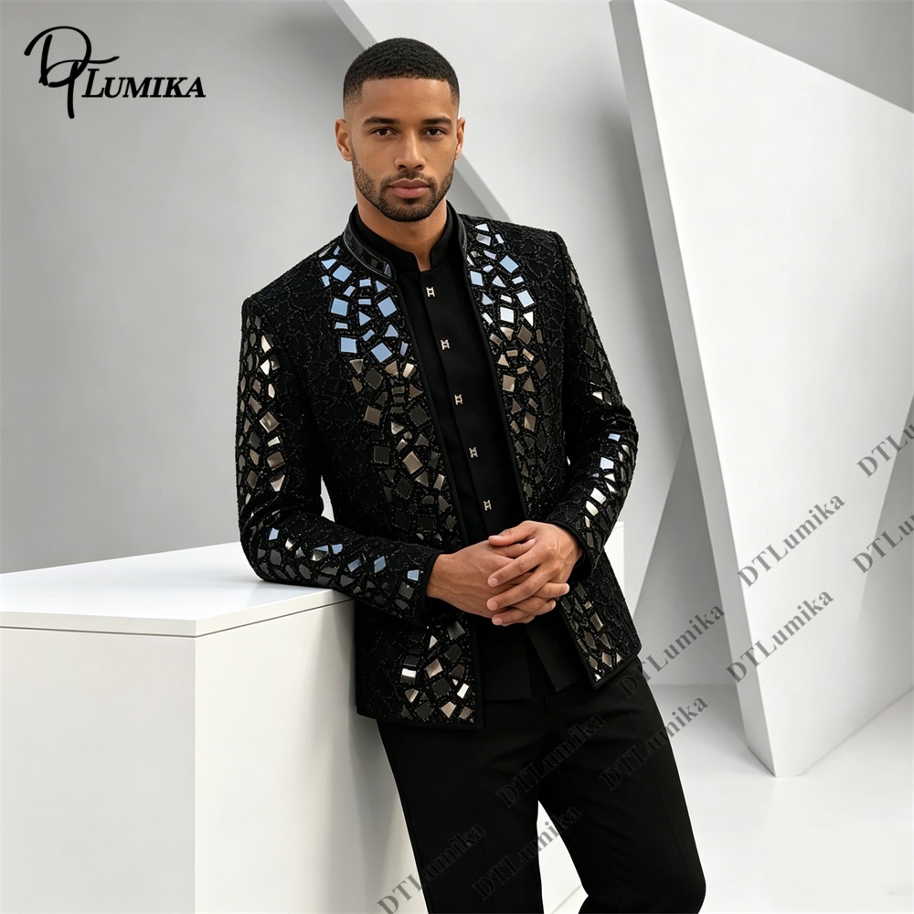 男性黒マンダリンカラースーツミラーモザイクラインストーン装飾 - Men Formal Wear Office のレビューと価格