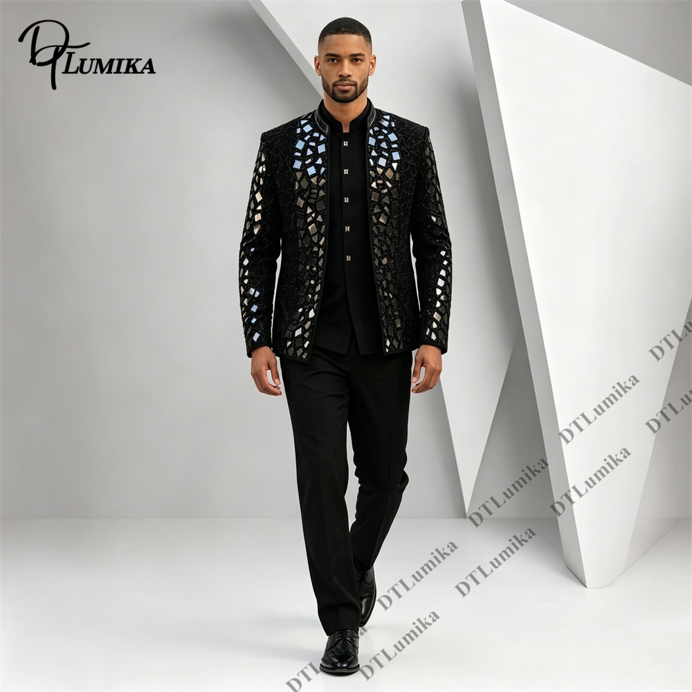 男性黒マンダリンカラースーツミラーモザイクラインストーン装飾 - Men Formal Wear Office のレビューと価格