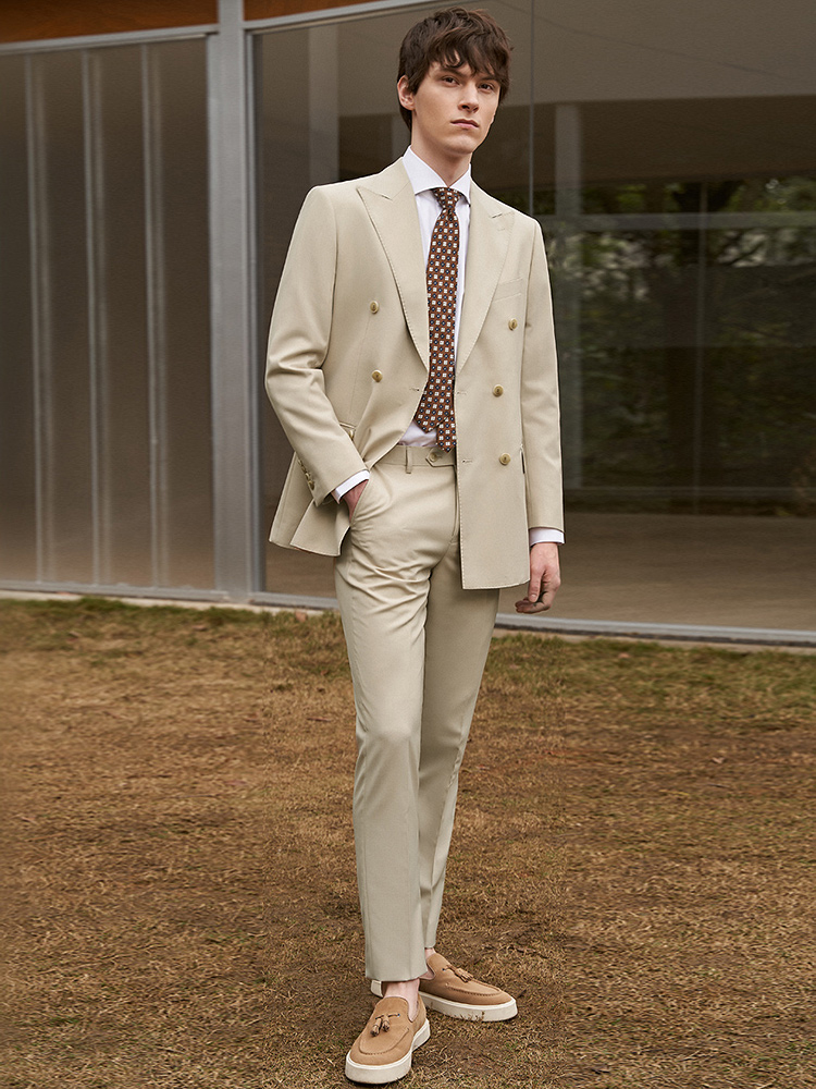 ウール30% メンズスーツセット ブレザー パンツ ダブルブ - Khaki Formal Wear Men のレビューと価格