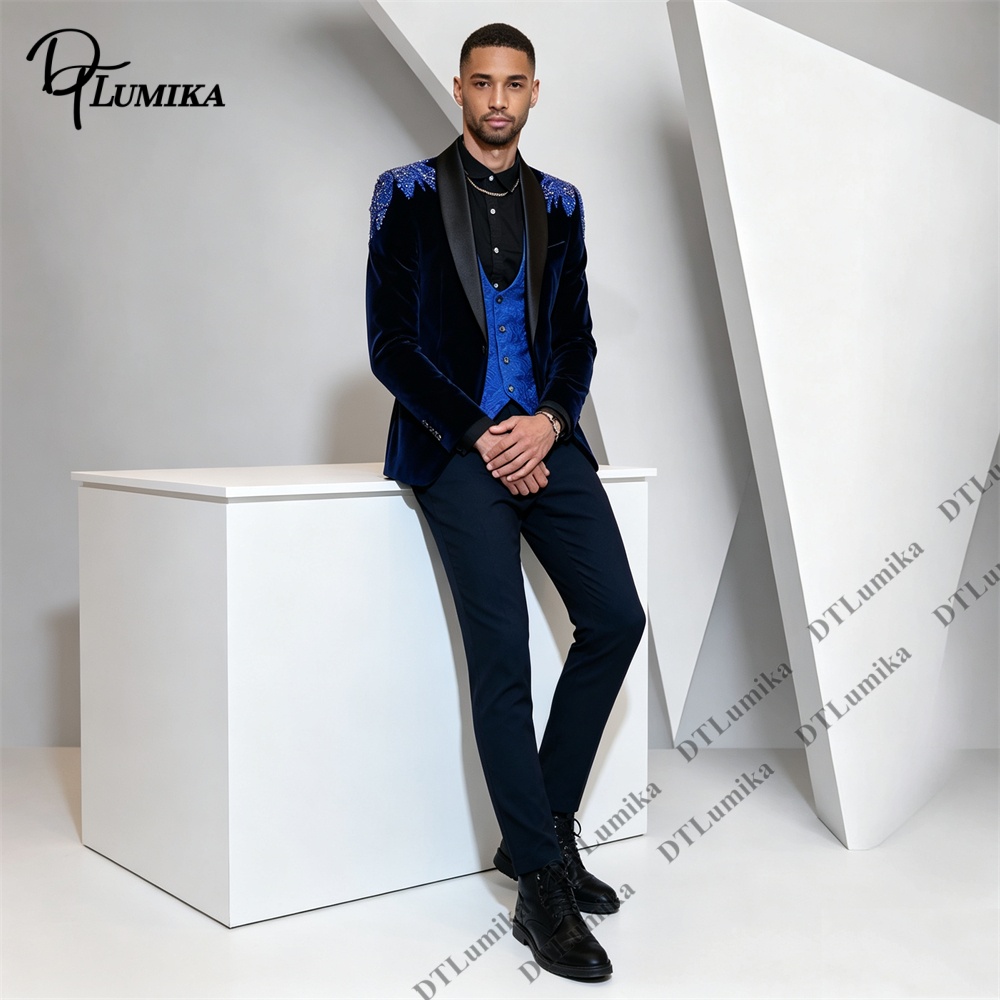 Peagent メンズ 3 ピース ベルベット スーツ ブラ - Men Formal Wear Office のレビューと価格