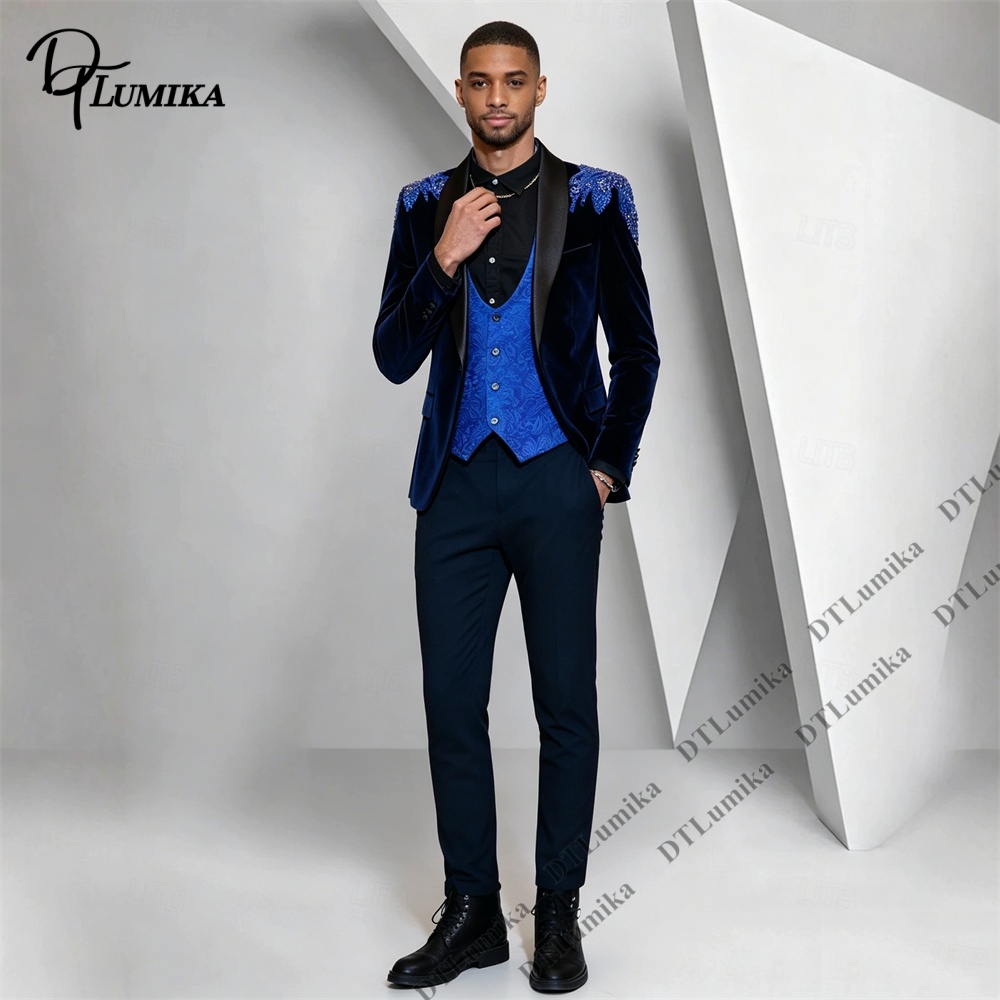 Peagent メンズ 3 ピース ベルベット スーツ ブラ - Men Formal Wear Office のレビューと価格