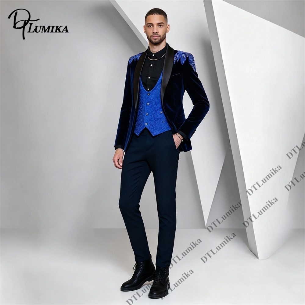 Peagent メンズ 3 ピース ベルベット スーツ ブラ - Men Formal Wear Office のレビューと価格