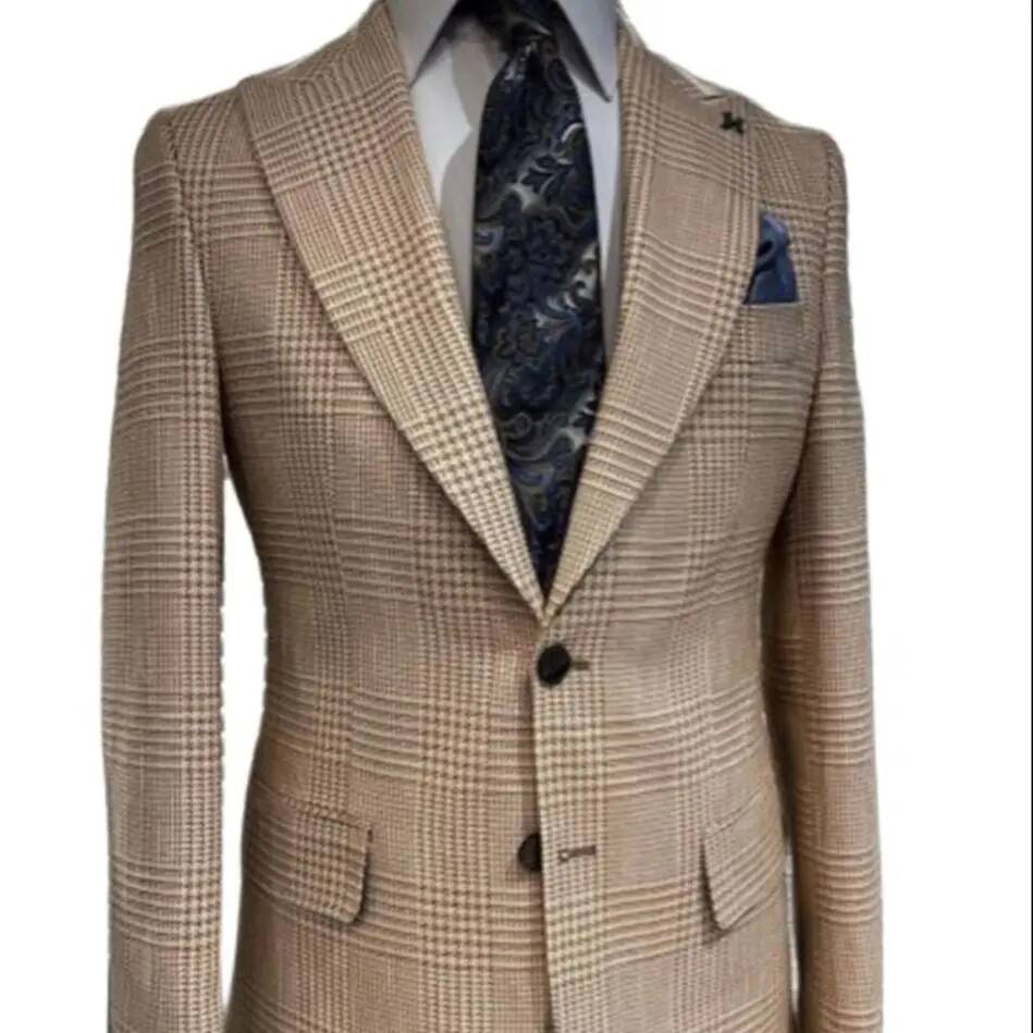 カーキ 2 ピーススーツ千鳥格子デザインブレザーズボンメンズ - Khaki Formal Wear Men のレビューと価格